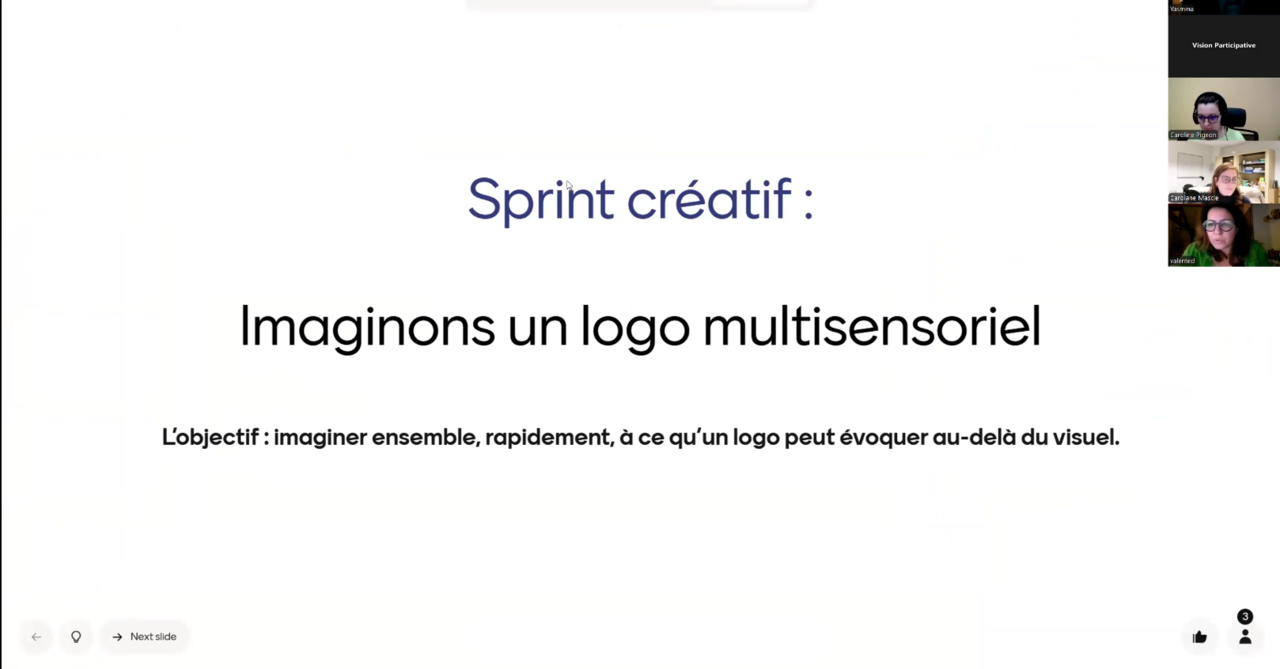 Capture d'écran réalisée lors de l'atelier : au centre "Sprint créatif : imaginons un logo multisensoriel. L'objectif : imaginer ensemble, rapidement, à ce qu'un logo peut évoquer au-delà du visuel" Sur la droite de l'image, les miniatures des caméras de : Caroline Pigeon, Carolane Mascle et Dannyelle Valente.